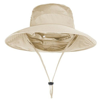 Sun Hats for Men Women Fishing Hat UPF 50+ Breathable Wide Brim Bucket Hats Summer UV Protection Safari Hat with Neck Flap - color: Beige