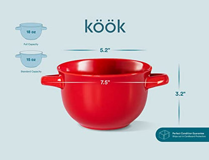 KooK French Onion Soup Crocks with Handles, Ceramic Bowls, for Rice, Dessert, Pasta, Dishwasher, Microwave, Oven & Broil Safe, Red, Set of 4, 18 oz, Red - color: Red