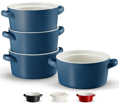 Kook Soup Crocks, Ceramic Stackable Bowls, Broil, Oven, Microwave and Dishwasher Safe, with Handles, For Casserole, Pasta, Cereal, Capacity 18 oz, Set of 4, (Matte Blue) - color: Matte Blue