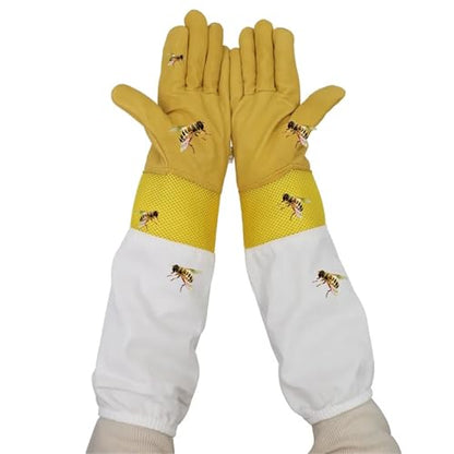 Beekeeping Gloves 2 Pairs Beekeeping Gloves Yellow Short Mesh Protective Sleeves Breathable Leather and Cloth Anti Bee Apiculture Beekeeping Gloves Yellow for Beekeepers Protected Supplies(3X-Large) - size: 3X-Large
