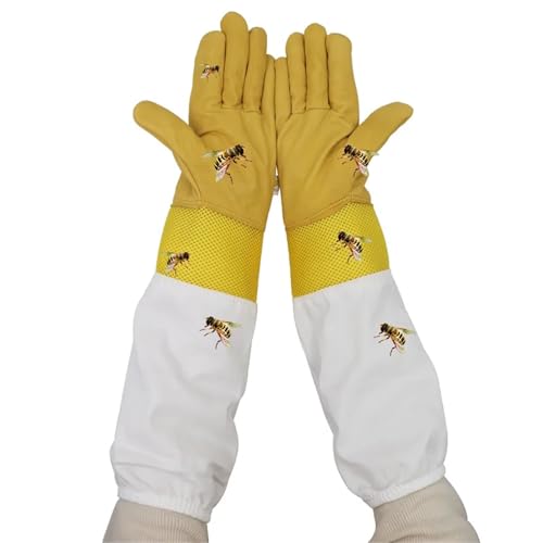 Beekeeping Gloves 2 Pairs Beekeeping Gloves Yellow Short Mesh Protective Sleeves Breathable Leather and Cloth Anti Bee Apiculture Beekeeping Gloves Yellow for Beekeepers Protected Supplies(Large) - size: Large