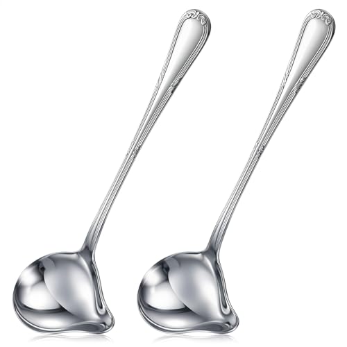 2 Pcs Small Ladle with Pour Spout, Stainless Steel Gravy Ladle with Long Handle Sauce Drizzle Spoon Small Sauce Spoon for Cooking Serving Canning