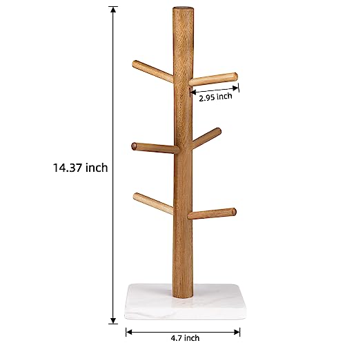 Buruis Wood Mug Holder, Marble Base Cup Rack Tree, Cup Stand Hanger, Kitchen Coffee Mug Tree Countertop Tea Cups Holder Stand, Coffee Mugs Dryer with 6 Hooks, White - color: Square base White