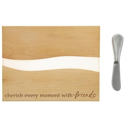 Pavilion Gift Company - Cherish Every Moment With Friends - 9" x 7" Serving Cheese Bread Wooden & Resin Board With Brushed Silver Spreader Knife Set Housewarming Hostess Host Charcuterie Friendship