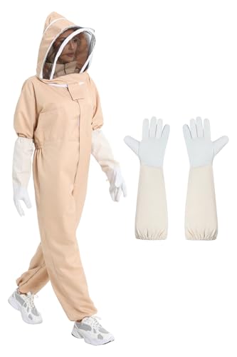 ANDES Bee Suit for Men Women, Full Body Sting Proof Beekeeping Suit with Gloves & Round Protective Veil | Professional & Beginner for Apiary Backyard(M) | Ultra-light fabric & Metal zippers & Khaki color (not white) & Sting-proof - size: M for 5'3"-5'7"