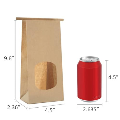 BagDream Bakery Bags with Window 100pcs 4.5x2.36x9.6 Inches Window Tin Tie Tab Lock Kraft Brown Paper Bags for Coffee Bean, Cookies, Treat, Snack - color: Brown