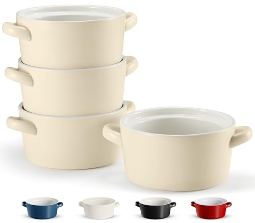 Kook Soup Crocks, Ceramic Stackable Bowls, Broil, Oven, Microwave and Dishwasher Safe, with Handles, For Casserole, Pasta, Cereal, Capacity 18 oz, Set of 4 (Ivory) - color: Ivory
