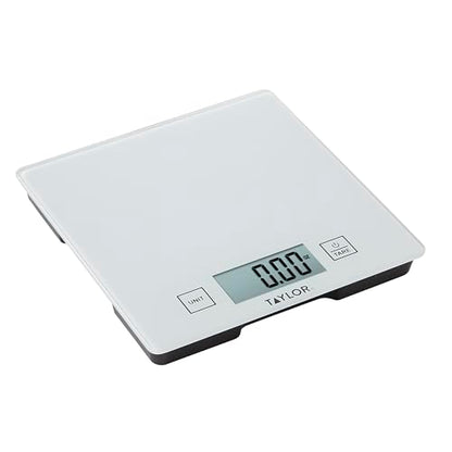 Taylor Compact Glass Kitchen Food Scale, 11 lb Capacity Digital Scale for Baking, Cooking, Meal Prep, Portion Control, Thin Lightweight Design, Easy-to-Read Display, White