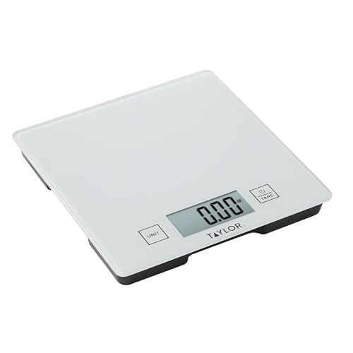 Taylor Compact Glass Kitchen Food Scale, 11 lb Capacity Digital Scale for Baking, Cooking, Meal Prep, Portion Control, Thin Lightweight Design, Easy-to-Read Display, White