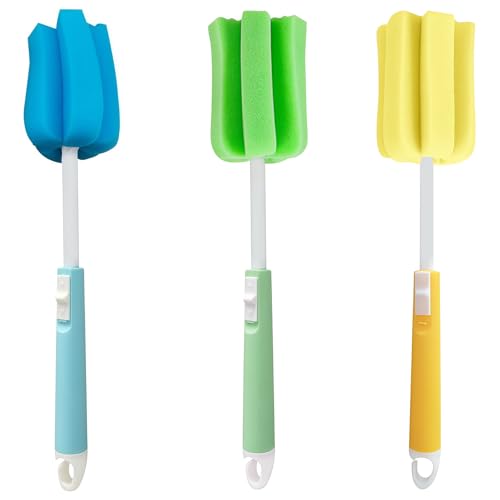 3PCS Adjustable Sponge Cleaning Brush Long Handle Bottle Scrubber Soft for Coffee Glasses Pot Milk Cup Mugs Winebottle Baby Narrow Neck Bottles Random Color