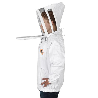 Beekeeping Jacket with Fencing Veil - Breathable Cotton Beekeeper Suit with YKK Zippers & Protective Hood (BP-101-White)-S - color: White, size: Small