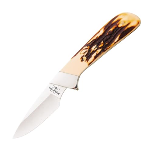 BEAR & SON 6-5/8" Stag Delrin® Invincible Skinner Knife, 440 Stainless Steel Full Tang Drop Point Blade, Hollow Ground, 2.4 oz Compact Hunting & Field Dressing Knife with Leather Sheath, Made in USA | Model: BCSD82, Upc 730153503829, Sku Bearsd82-Fba, Com