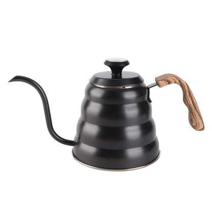 Gooseneck Coffee Kettle, Precision Pouring Brewing Pot for Home Kitchen Stainless Steel Black 1.2L with Thermometer Wood Handle