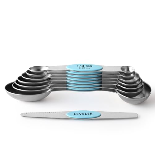 Spring Chef Stainless Steel Magnetic Measuring Spoons Set of 8 with Leveler, Metal Teaspoon & Tablespoon Measuring Spoons with Strong Magnets, Kitchen Gadgets for Baking & Cooking - 2 Pack - Aqua Sky - color: Blue (Aqua Sky), size: 2-Pack