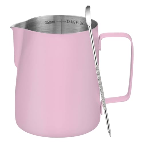 Amrules Milk Frothing Pitcher, 12 oz Milk Frother Cup with Clear Scale, 304 Stainless Steel Cappuccino Espresso Machine Accessories for Barista Coffee Bar with Latte Art Pen, Pink - color: Pink, size: 12 Ounces