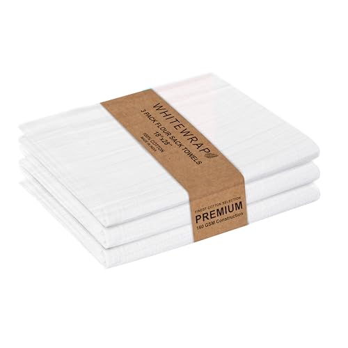WHITEWRAP Flour Sack Towels 18x28 – 100% Cotton (Pack of 3), Reusable Kitchen Tea Towels for Baking, Crafts, Embroidery Ideas - color: White, size: 18"x28"-Pack of 3
