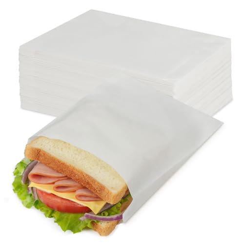 200 Pack White Paper Sandwich Bags with Seal Stickers, 6"×8"×1" Grease Resistant Cookie Sleeves Pasrty Bags for Lunch Packing, Treats, Snacks, Bagels, Baked Goods - color: White