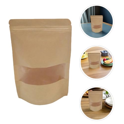 Standable Food Storage Pouches 50pcs Kraft Paper Resealable Bags with Transparent Window Made of Food Safe Kraft Paper, Reusable and Suitable for Kitchen Use with Cheese and Craft