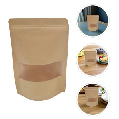 Standable Food Storage Pouches 50pcs Kraft Paper Resealable Bags with Transparent Window Made of Food Safe Kraft Paper, Reusable and Suitable for Kitchen Use with Cheese and Craft