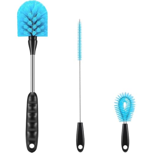 12.2 inch Bottle Brush Set of Three，Washable Coffee Cups, Water Bottles, Baby Bottles, Straws, to-go Cups, Long-Handled 3-in-1 Stainless Steel Bottle Brushes. (Blue) - color: Blue