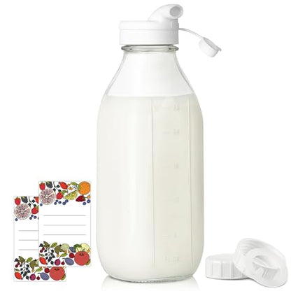 Syntic Square Liter Glass Milk Bottles with Airtight Lid - 100% Leak-Proof Heavy Duty Screw Cap, 32 Oz Glass Juice Bottles w Scale Mark, Reusable Jugs Pitcher for Homemade Juice(Extra 1 Lid and Pen) - style: Milk Bottle-1pack