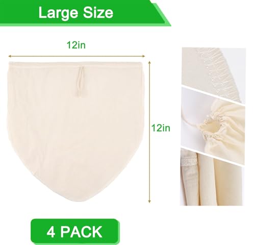 Nut Milk Bag, 4 Pcs 12"x12" Cheese Cloths Bag for Straining,Natural Unbleached Cotton Reusable Cheese Cloth Bag for Oat Almond Milk, Cheese Making, Yogurt, Juice, Cold Brew Coffee, Beer Tea