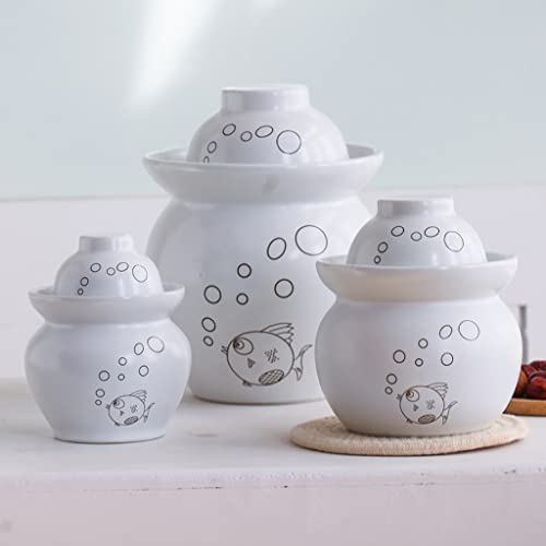 ZHOUXIAO White Traditional Chinese Ceramic Fermentation Crock Jar Pickling Jar with Water Seal Airlock Lid,Large Thickened Ceramic Pickle Jar Kimchi Pot Storage Containers 0.6KG