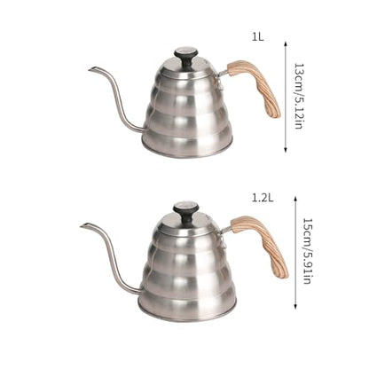 304 Stainless Steel Pouring Over Coffee Kettles with Thermometers and Wood Handle for Temperature Control Rustless Swanneck Coffeepot - color: Silver