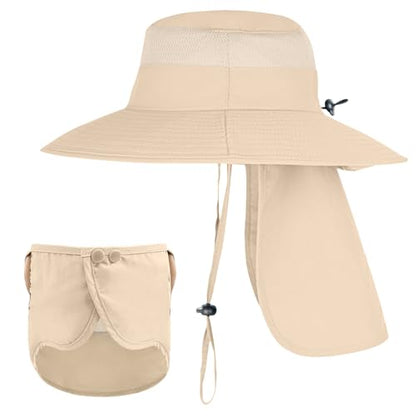 Sun Hats for Men Women Fishing Hat UPF 50+ Breathable Wide Brim Bucket Hats Summer UV Protection Safari Hat with Neck Flap - color: Beige (With Face Cover)