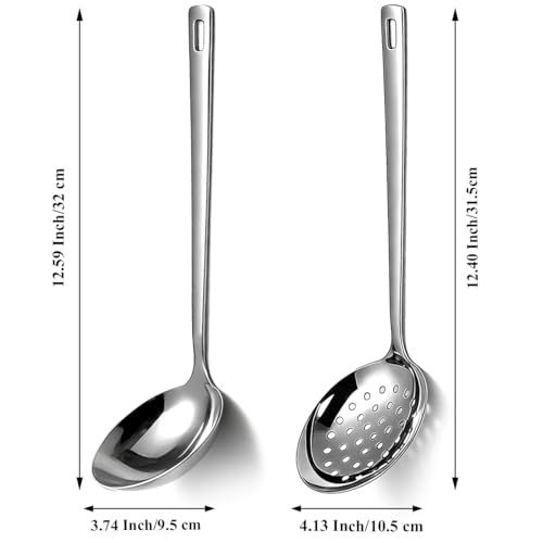 Berglander Slotted Spoons and Kitchen Ladle Spoon Set 2 Pcs, Stainless Steel Kitchen Spider Strainer Skimmer Soup Ladle for Straining Pasta/Cooking/Frying, Serving Soup/Gravy, Metal Kitchen Utensils