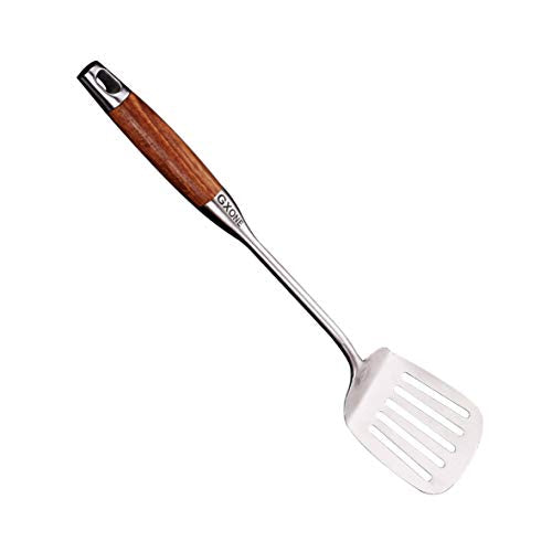 Metal Spatula,304 Stainless Steel Wok Spatula with Heat Resistant Wooden Handle,Silver/15.7Inch - style: Slotted Spatula-wood handle