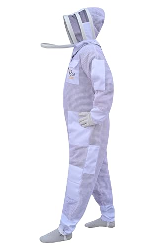 Professional 3 Layer Bee Suit with Fencing and Round Veil Ventilated Sting Proof Beekeeping Protective Suit with One Pair Bee Gloves, 2 Veils (White, Medium) - size: Medium