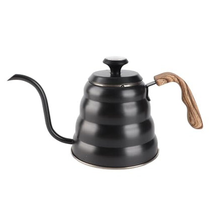 Gooseneck Coffee Kettle, Precision Pouring Brewing Pot for Home Kitchen Stainless Steel Black 1.2L with Thermometer Wood Handle