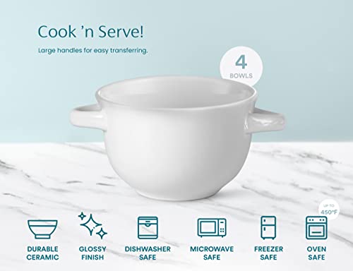 KooK Soup Bowls, French Onion Crocks, Oven Safe Dishware, Mugs, Ceramic Set, Dishwasher, Microwave, Set of 4, 18 oz (White) - color: White