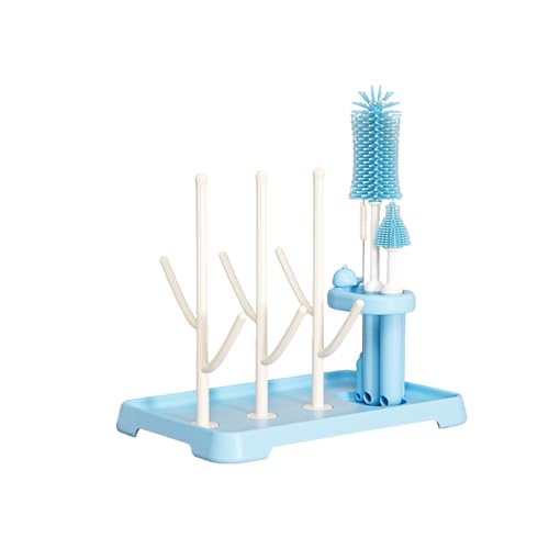 [4-in-1] Baby Bottle Drying Rack Set with Multi-Functional Brushes, Silicone Bottle Brush, Nipple Brush & Straw Cleaner, Space-Saving Countertop Cleaning Kit for Feeding Essentials, BPA-Free (Blue) - color: Blue