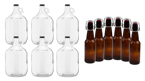 1 Gallon Clear Glass Jugs (Pack of 6) with Pack of 6 Amber 16-20oz Growlers with Flip Top Airtight Silicone Seal For Beverages - color: 6 Clear Jug & 6 Amber Growlers