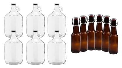 1 Gallon Clear Glass Jugs (Pack of 6) with Pack of 6 Amber 16-20oz Growlers with Flip Top Airtight Silicone Seal For Beverages - color: 6 Clear Jug & 6 Amber Growlers