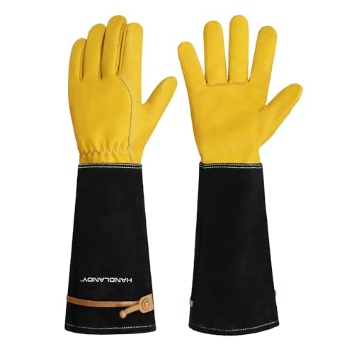 HANDLANDY Long Gardening Gloves for Men & Women, Cowhide Leather Rose Pruning Gloves, Breathable Thorn Proof Gauntlet Glove (Mustard Yellow, S) - color: Mustard Yellow, size: Small (Pack of 1)