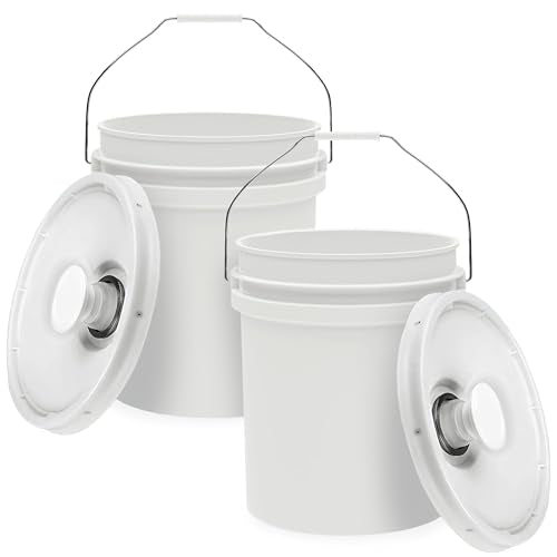 5-Gallon White Bucket Pail with Spout Lid, Metal Handles with Plastic Grip for Easy Carrying, Easy Stack and Store, Heavy-Duty Extra Durable, Food Grade, BPA Free - 2 Pack - color: 2 Pack, size: 5 Gallon