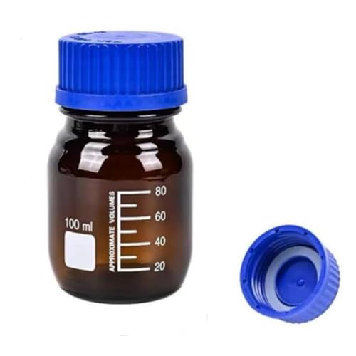 100ml Amber Reagent Media Bottle, Graduated Glass Round Media Storage Bottle with blue GL45 Screw Cap, Wide Mouth Lab Reagent Bottle,Pack of 1 - size: 3.4 Ounces