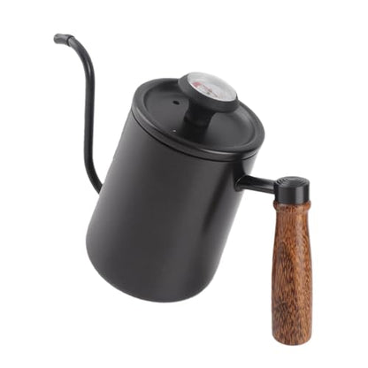 Pour Over Kettle with Thermometer, 304 Stainless Steel Drip Kettle 600ML, Long Spout Precise Control Wood Handle, for Home Coffee Tea Brewing Barista Use (Black) - color: Black