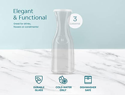 Glass Carafe Pitchers, by Kook, Large Carafe - set of 3, Beverage Dispensers, Clear Jugs For Mimosas, Water, Wine, Milk and Juice, with Plastic Lids, 50 oz Dishwasher Safe - color: Set of 3, 1.5 Liter