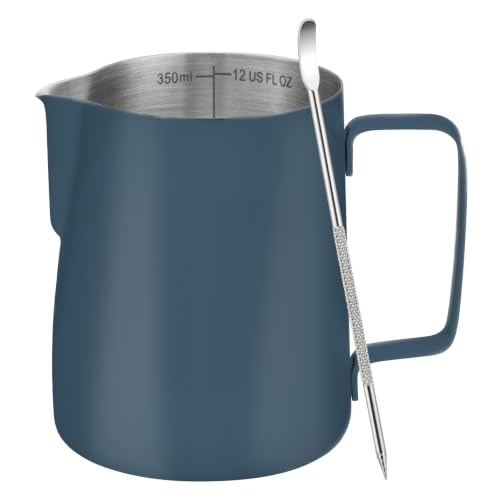 Amrules Milk Frothing Pitcher, 12 oz Milk Frother Cup with Clear Scale, 304 Stainless Steel Cappuccino Espresso Machine Accessories for Barista Coffee Bar with Latte Art Pen, Blue - color: Blue, size: 12 Ounces