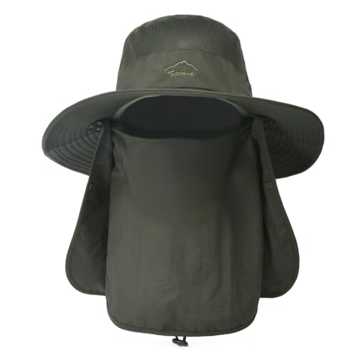 Sun Hats for Men Women Fishing Hat UPF 50+ Breathable Wide Brim Summer UV Protection Hat - color: Army Green(with Face Cover & Neck Flap )