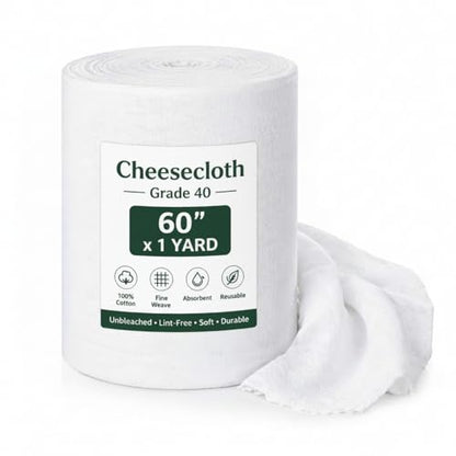 Bememo 60 x 1 Yard Bleached Cheesecloth for Straining Grade 40 Extra Large 100% Natural Cotton Cheese Cloth for Wedding Decoration, Polishing, Straining, White