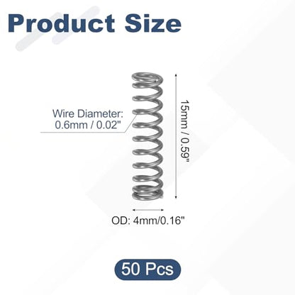 uxcell 50Pcs 304 Stainless Steel Compression Springs, 0.5mm x 4mm x 15mm Small & Tiny Pen Spring for Home Repair & DIY, Workshop & Industrial Use, (Silver Tone) - size: 4mmx15mm