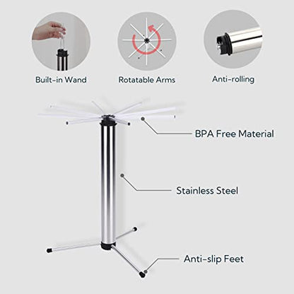 KITCHENDAO Collapsible Pasta Drying Rack, Foldable for Easy Storage, Rotary Arms, Detachable for Easy Cleaning, Stainless Steel Homemade Hanging for up to 6 lbs, Pasta Noodle Spaghetti Stand Hanger