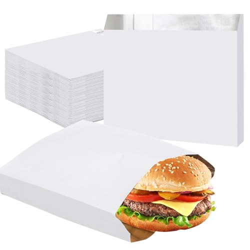 EUSOAR Grease Bag Disposable, 100pcs 6.7"x6.7"x1.2" White Aluminum Foil Hamburger Sandwich Wrappers Bags, Grease Resistant Food Storage Packaging Bag for Hot Food, Bakery Cookies, Snack - color: White, size: 6.7x6.7x1.2 Inch