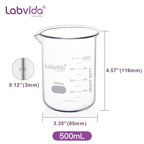 6pcs 500ml Upgrated Thick Glass Beakers, Griffin Low Form Beaker Set with Double Scale, 3.3 Boro, LVA013 - style: 6pcs of Vol.500ml