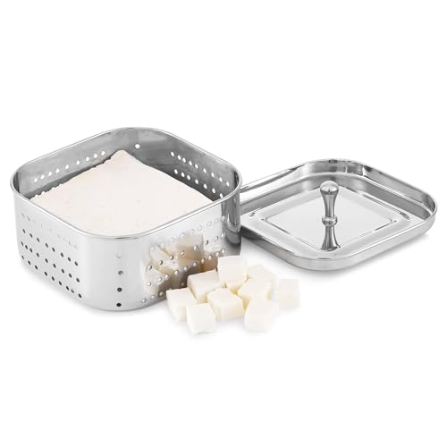 KSJONE Stainless Steel Square Paneer Maker/Mould/Strainer Perfect for Making Delicious Tofu, Stainless Steel Paneer Maker with Top Pressing Lid - Size 5.11"W x 5.11"L x 2.3"H inches - size: Square